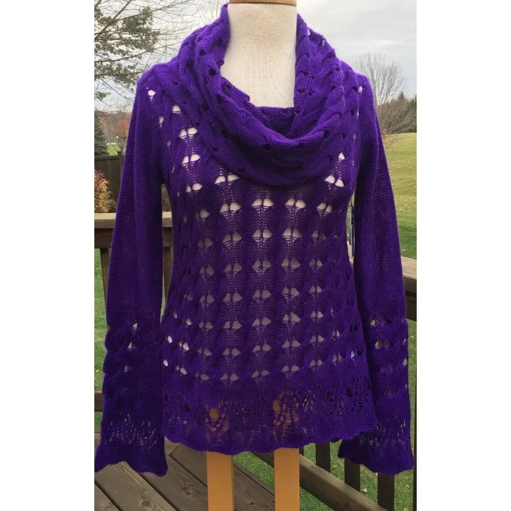 Nine West Womens Sweater sz XS Plum Purple Cowl Neck Open Thin Knit Long Sleeve - Picture 12 of 12